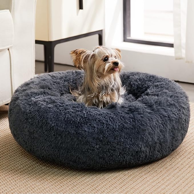WNPETHOME Calming Dog Beds for Large Dogs, Anti-Anxiety Donut Large Pet Bed, Fluffy Faux Fur Plush Dog Bed,Warming Cozy Soft Round Pet Bed for Jumbo Dogs, Cat Cuddler Cushion Bed