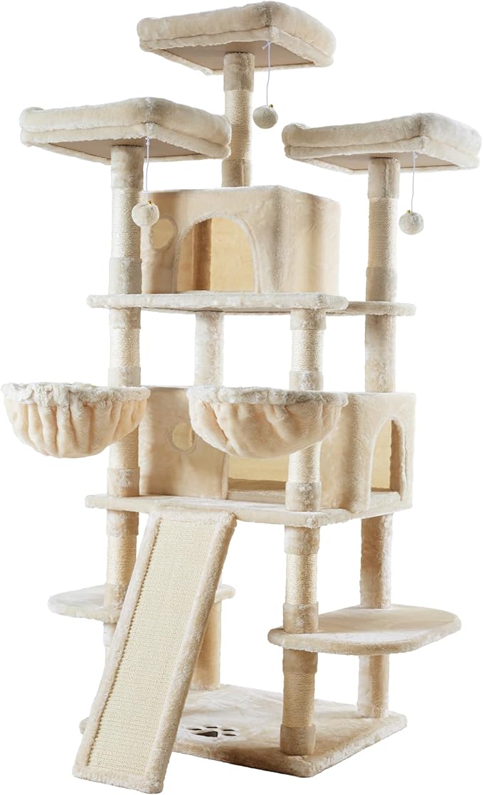 Allewie 68 Inches Cat Tree/House and Towers for Big Feline/Scratching Post/Multi-Level Large Kitty Climbing Tree with Condo/Beige