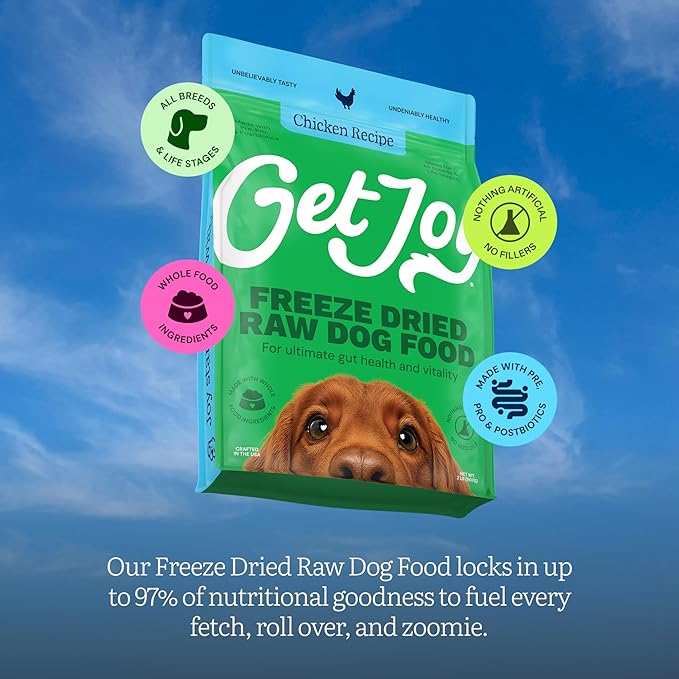 Get Joy Gut Health Fresh Freeze Dried Raw Meal, Chicken Recipe, 32 Ounce Bag, Dog Food for Dogs of All Breeds and Life Stages, PhD Animal Nutritionist Formulated, Made in USA