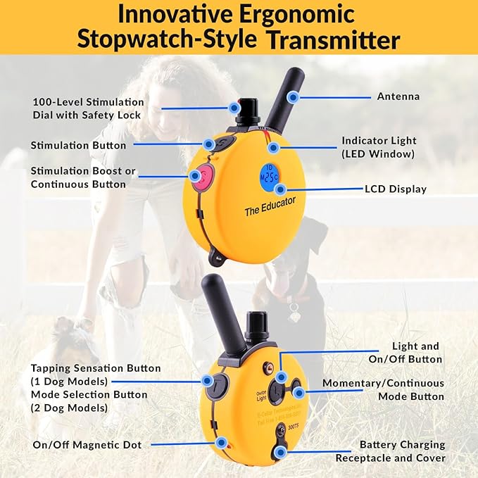 Educator E-Collar Humane Dog Training Collar with Remote, Features 100 Levels of Safe Stimulation, Tapping Sensation, Night Light, Waterproof, Rechargeable, 3/4 Mile 1 Dog, Yellow