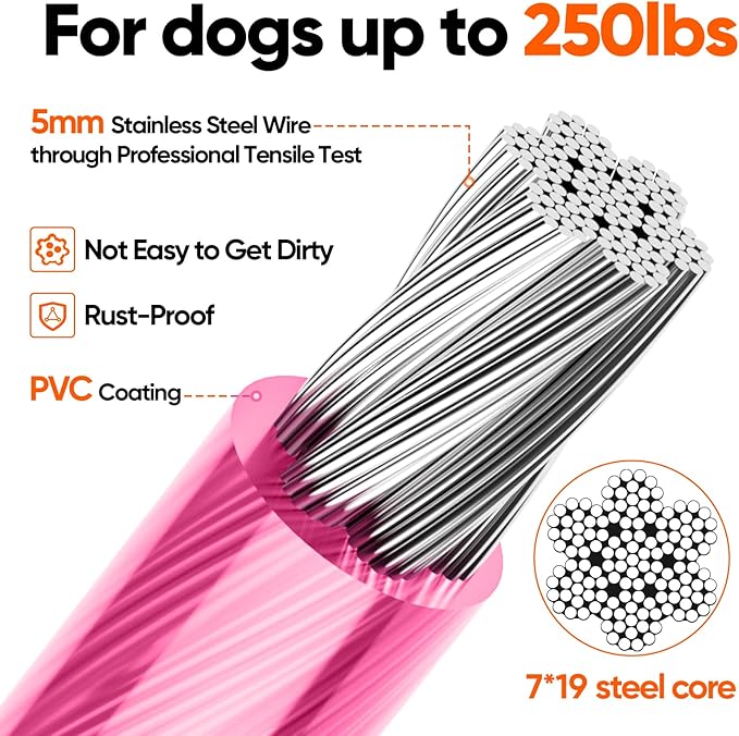 Tresbro 70FT Reflective Tie Out Cable for Dogs Up to 250 Pounds, Steel Wire Lead Leash Cable with Stainless Rotatable Buckle, Lightweight and Enduring, Dog Chains Outside for Outdoor, Yard, Pink