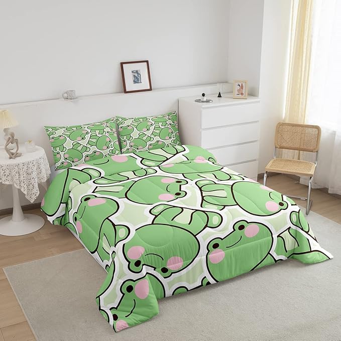 Frog Comforter Set Twin Size, Cartoon Frog Bedding Set For Kids Boys Girls Teens, Kawaii Green Wild Animals Down Comforter, Cute Wildlife Farmhouse Rustic Funny Quilt Set 1 Pillow Case Bedroom Decor