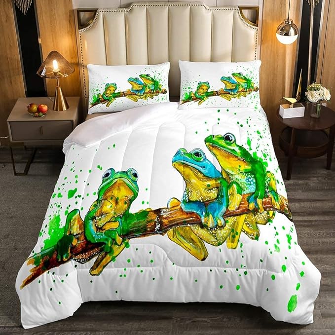 Erosebridal Cartoon Frog Comforter Set Queen Size, Green Tie Dye Down Comforter, Tree Branch Quilted Duvet,Animal Soft Duvet Insert for Kid Adult, White Room Decor Reversible All Season
