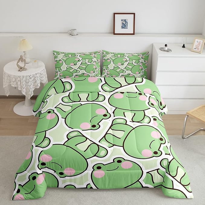 Frog Comforter Set Twin Size, Cartoon Frog Bedding Set For Kids Boys Girls Teens, Kawaii Green Wild Animals Down Comforter, Cute Wildlife Farmhouse Rustic Funny Quilt Set 1 Pillow Case Bedroom Decor