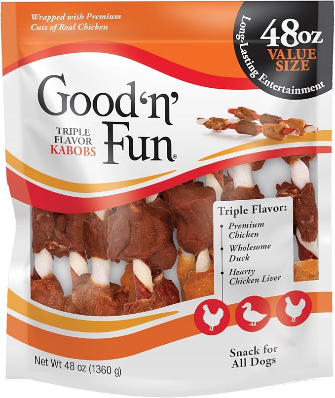 Good ‘n’ Fun Triple Flavor Kabobs Chews for All Dogs, 48 Ounces, Treat Your Dog to Chews Made from Beef Hide, Real Chicken, Pork Hide, Duck and Chicken Liver