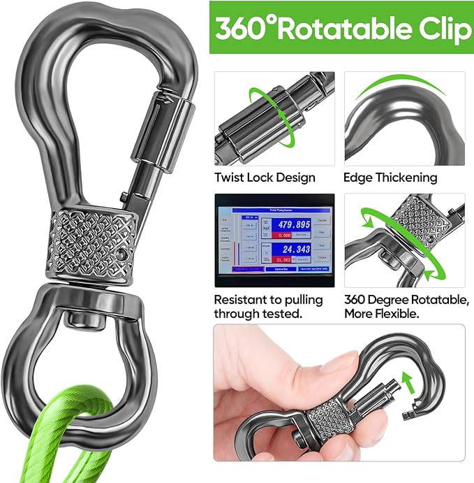 Tresbro 20FT Reflective Tie Out Cable for Dogs Up to 250 Pounds, Steel Wire Dog Leash Cable with Stainless Rotatable Buckle, Lightweight and Enduring, Dog Chains Outside for Outdoor Yard, Green