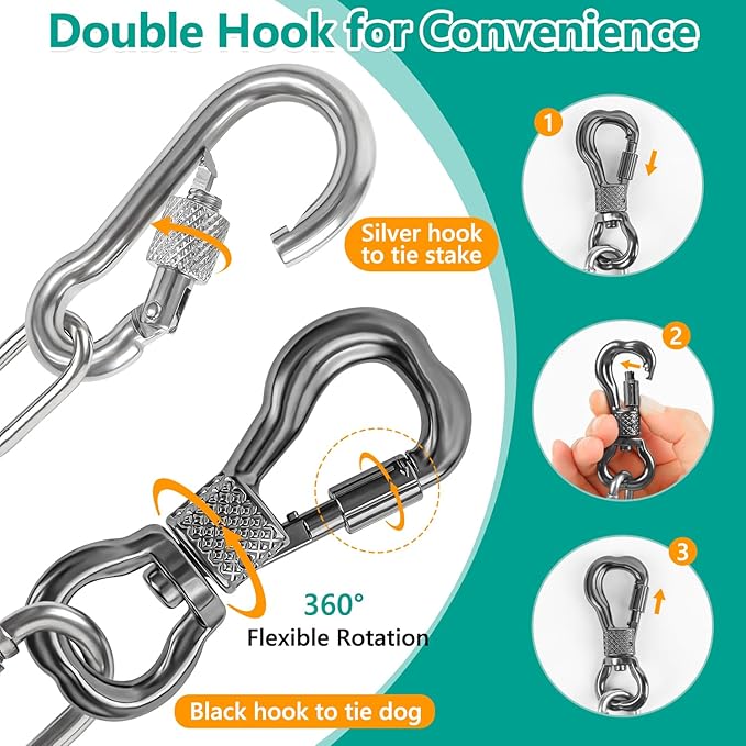 Tresbro Heavy Duty Dog Chains for Outside, 6FT Stainless Steel Tie Out Cable with Swivel Hook for Large Dogs, Metal Chew Proof Pet Runner Chain Leash Lead for Outdoor Camping Hiking Yard, 5MM