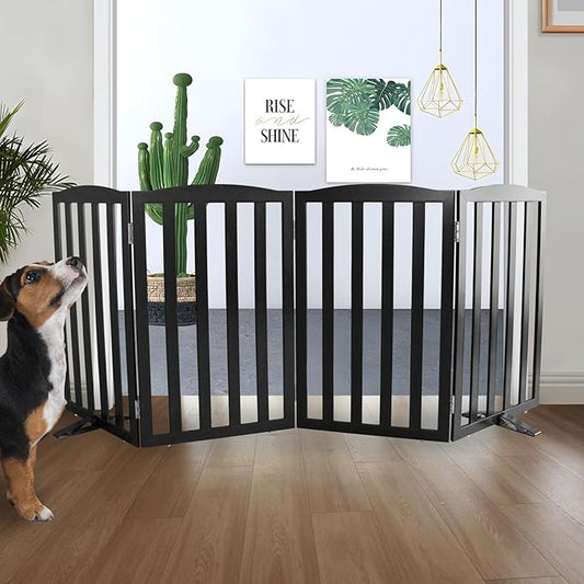 ZJSF Foldable Freestanding Indoor Dog Gate for House Wood Long Pet Gates Dog Fence for Stairs Puppy Gates for Hallways, Puppy Gate,Support Feet Included, Black, 32 "Height-4 Panels