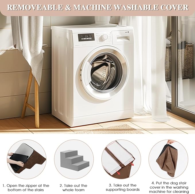 GGIB Dog Stairs for Small Dogs Cats Non-Slip Dog Steps for High Bed Pet Stairs for Sofa Couch Pet Ramp Pet Steps with Removable Washable Cover, Brown, 22" H, 5-Step