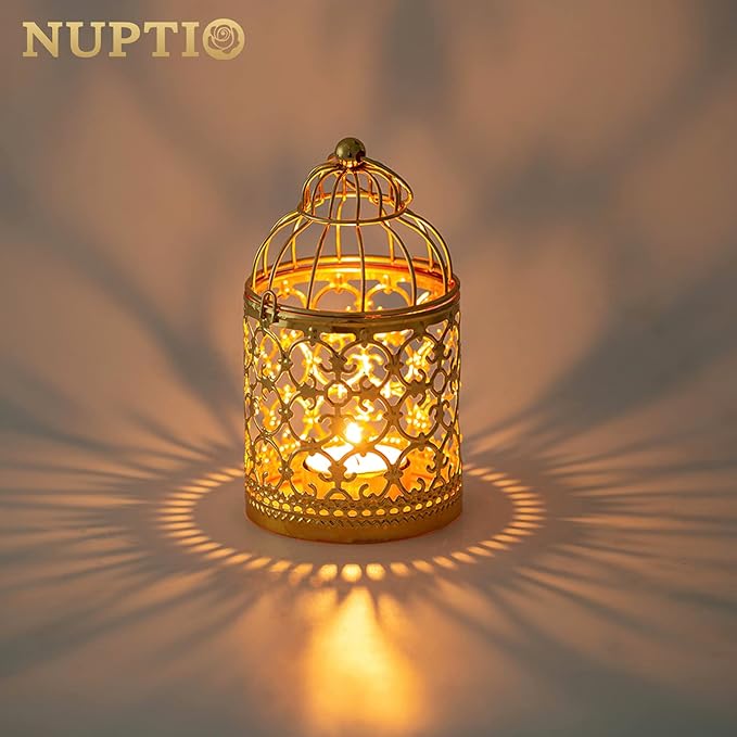 6 Pcs Small Metal Tealight Hanging Birdcage Lantern, Vintage Decorative Centerpieces of Wedding, Party, Gold