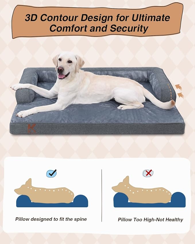 KSIIA Orthopedic Dog Bed for Large Sized Dog,Washable Pet Sofa with U-Shaped Bolster Removable Waterproof Cover Non-Slip Bottom and Egg-Crate Orthopedic Foam Pet Couch Bed, 41 x 27 Inch, Dark Gray