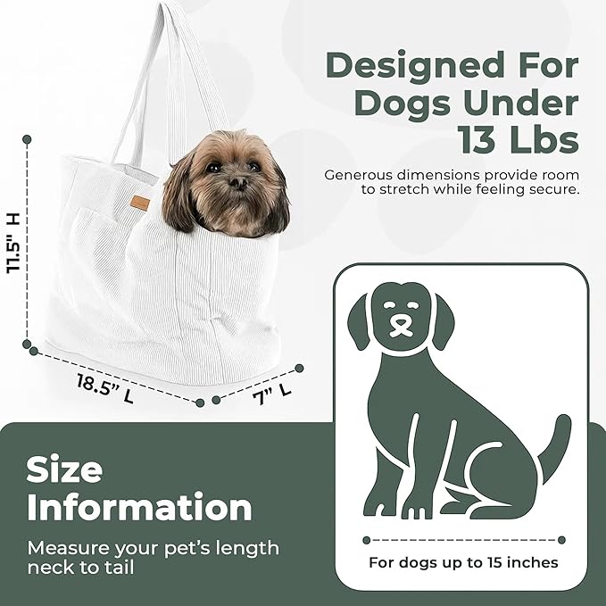 Corduroy Dog Carrier - Lightweight Cotton Soft-Sided Pet Tote with Safety Harness Clip - Breathable Travel Carrier for Small Dogs and Puppies (White)