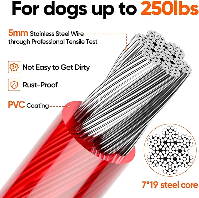 Tresbro 60FT Red Reflective Tie Out Cable for Dogs Up to 250 Pounds, Steel Wire Lead Leash with Stainless Rotatable Buckle, Lightweight and Enduring, Dog Chains Outside for Outdoor,Yard,Camping