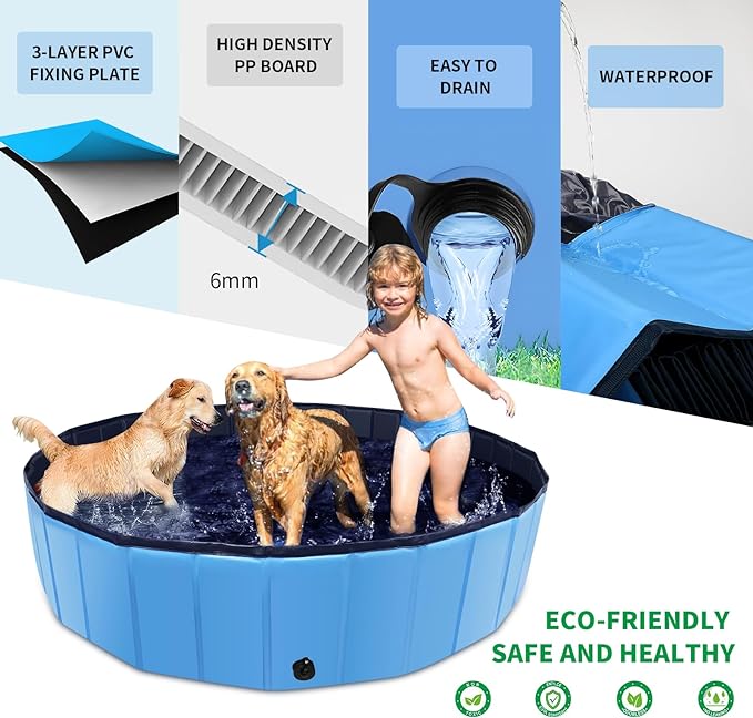 Foldable Dog Pool, 71" x 12" Large Kiddie Pool with Hard Plastic, Non-Slip Dog Bath Tub for Outdoor Backyard, Collapsible Dog Swimming Pool for Kids Dogs Pets (Blue)