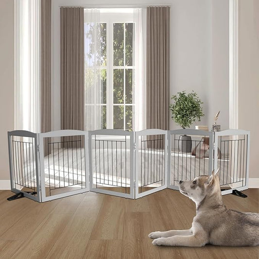 ZJSF Freestanding Dog Fence Indoor, Foldable Dog Gate for Doorways, Stairs or Hallways, Sturdy Wood Extra Wide Pet Gate with Support Feet for The House, Grey, 24 "Height-6 Panels