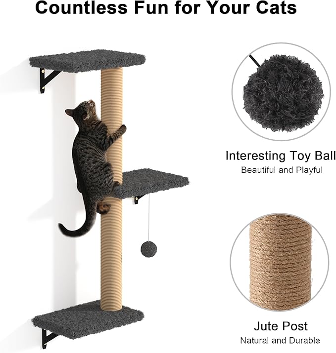 FUKUMARU Cat Wall Shelves, Stable & Safe 4 in 1 Cat Furniture Set, Wooden Climbing Wall with Scratching Post for 16 Inch Drywall - Gray