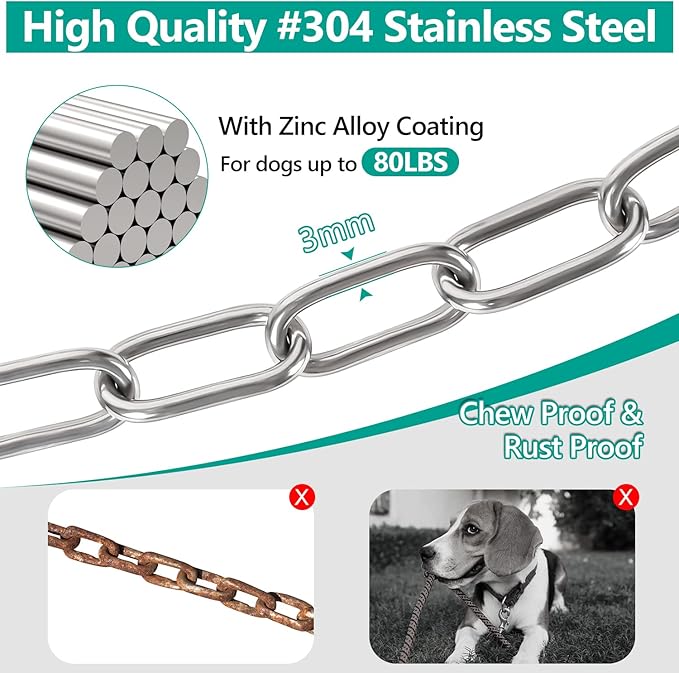 Tresbro Heavy Duty Dog Chains for Outside, 15FT Stainless Steel Tie Out Cable with Swivel Hook for Small Medium Dogs, Metal Chew Proof Pet Runner Chain Leash Lead for Outdoor Camping Hiking Yard, 3MM