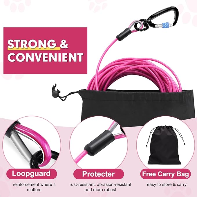 Snagle Paw Heavy Duty Tie Out Cable for Yard - 50FT-1000LBS Break Strength, Swivel Lockable Hook & Spring, Chew Proof Dog Chain for Outside Dog Run