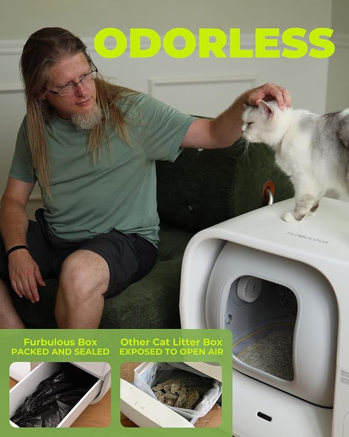 Furbulous True Odor-Free Self Cleaning and Packing Litter Box, Automatic Cat Litter Box with Self-Pack and Refill System, APP Control, Includes Trash Bags, Extra Large Space for 3.3-22 lbs Cats