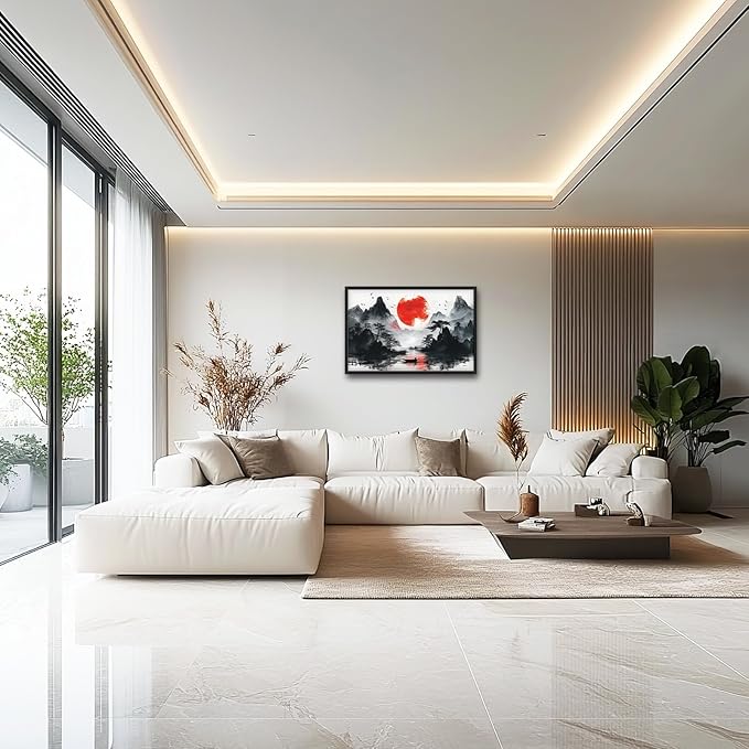 Framed Large Japanese Mountain Wall Art for Living Room, Oversized Asian Red Sun Lake Landscape Wall Decor Nature Canvas Painting Home Decoration for Living Room Bedroom Office 36"x24"