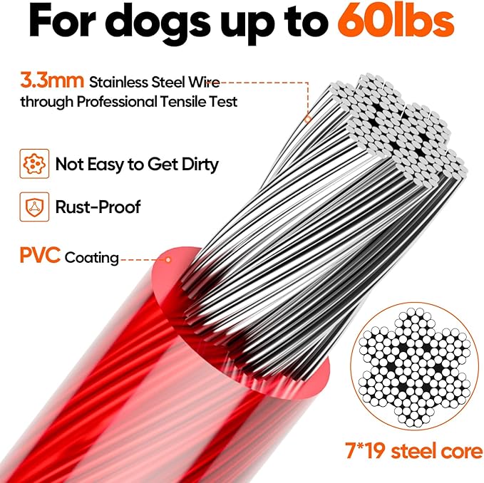 Tresbro 10FT Red Reflective Tie Out Cable for Dogs Up to 60 Pounds, Steel Wire Lead Leash with Stainless Rotatable Buckle, Lightweight and Enduring, Dog Chains Outside for Outdoor,Yard,Camping