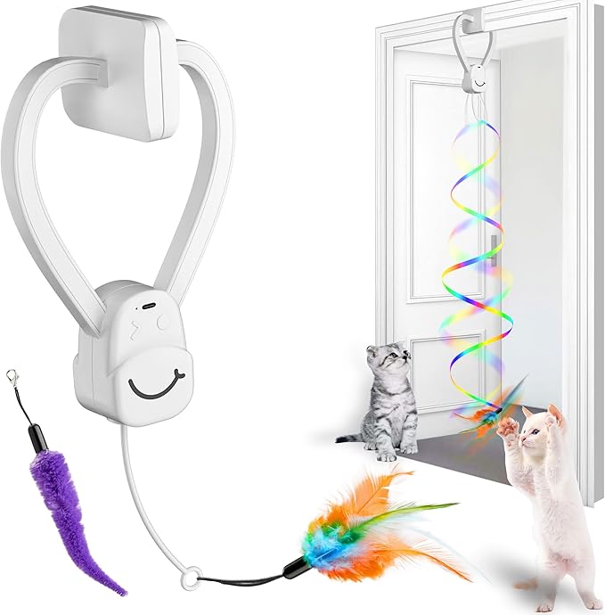 Interactive Cat Toys for Indoor Cats,Enrichment Stimulation Toys, Electric Hanging Door Clip Ribbon Kitty Toy,Automatic Play Chase Exercise Feather Toys for Bored Indoor Adult & Kitten Cats(White)