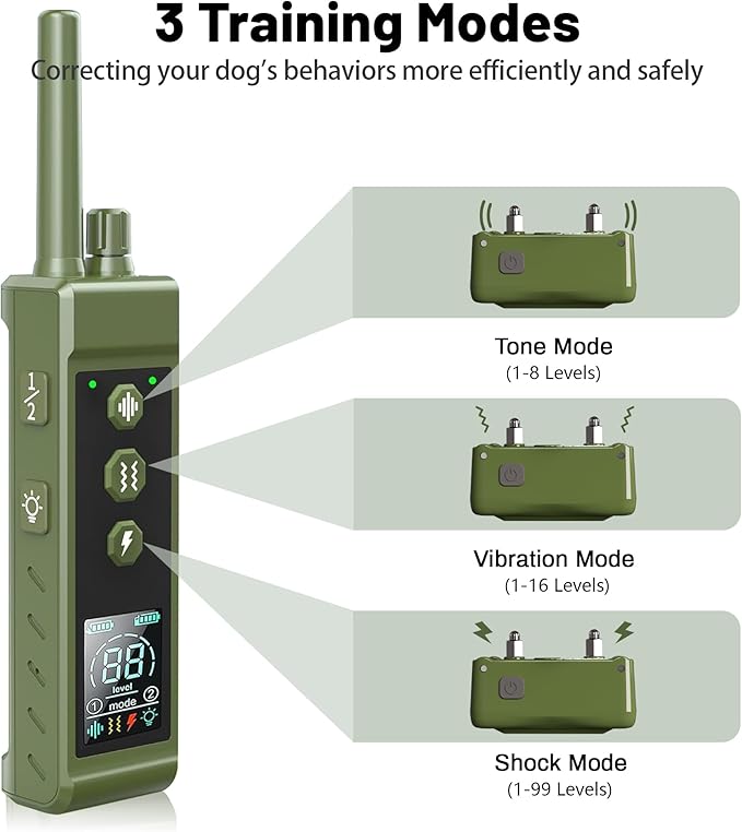 Shock Collar for Dogs - 4265ft Waterproof Training Collar with Flashing Light for Small Medium Large Dogs with Rechargeable Remote, Beep (1-8), Vibration(1-16), Safe Shock(1-99) (Green)