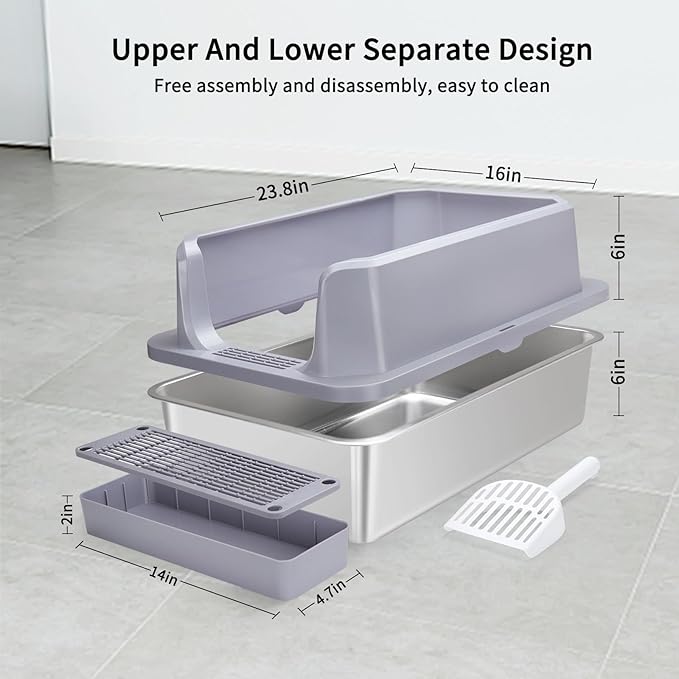 RIZZARI Large Stainless Steel Cat Litter Box: Open Top Leak-Proof Large Cat Pan - Odor Control for Indoor Multi-Cat Homes (Silver, 23.8" L*16" W*12" H)