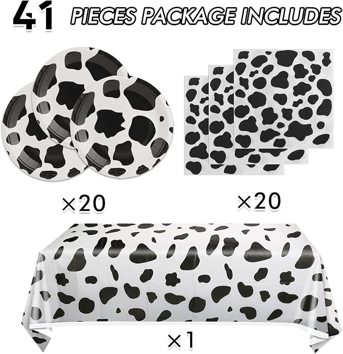Cow Birthday Party Supplies - Farm Cow Print Birthday Party Tableware Includes 20 Party Plates, 20 Napkins and 1 Tablecloth Perfect for Cow Farm Theme Birthday Parties Decorations