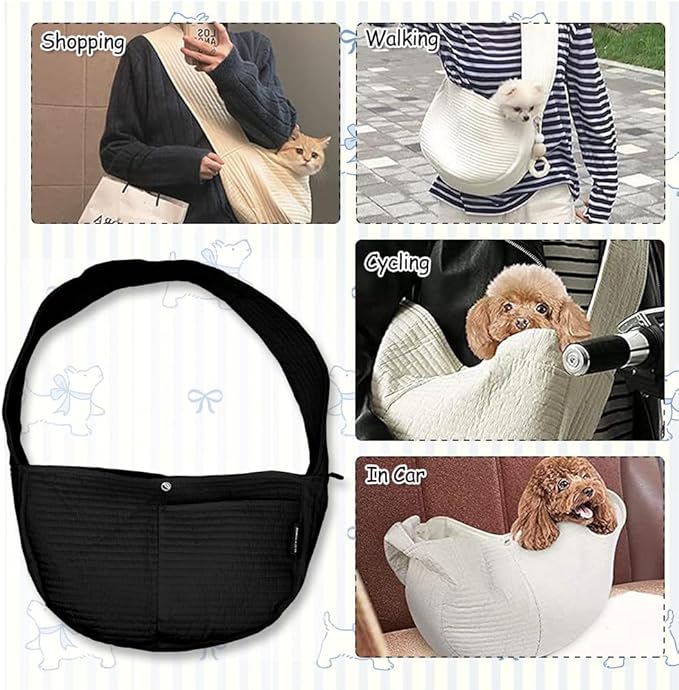 NATUYA Small Dog Carrier Sling Cat Sling-Dog Slings for Carrying Small Dogs-Adjustable Strap Hand Free Pet Puppy for Outdoor Traveling Subway (Black, Canvas)