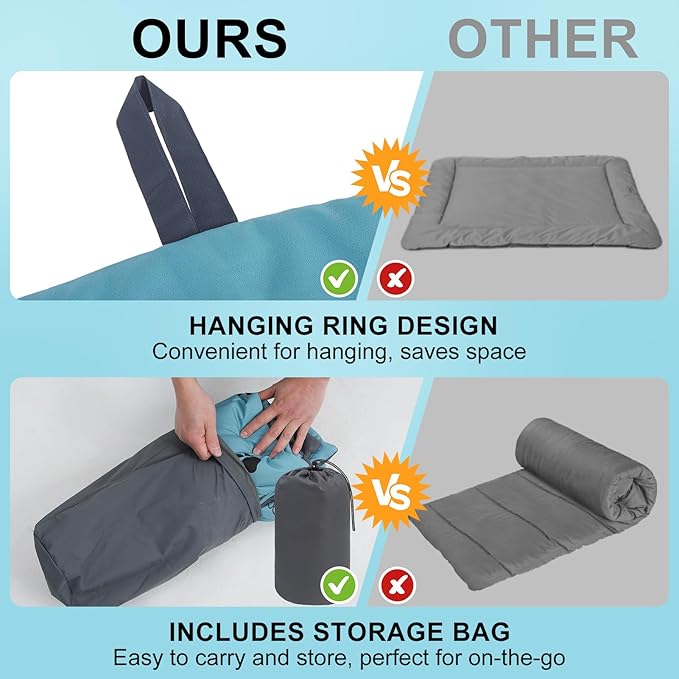 BEAUTYZOO Outdoor Dog Bed Waterproof, Camping Dog Bed Reversible, Portable Travel Bed with Carry Bag- Machine Washable, Durable, Foldable Outdoor Pet Bed Mat for Medium Large Dogs, 26” x 43“ Blue