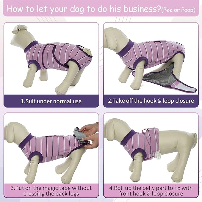 Kuoser Dog Surgery Recovery Suit for Female Male Dogs, Stripes Spay Neuter Anti-Licking Dog Onesie, Abdominal Wounds Surgical Suit Snugly Pet Collar Alternative Post Surgery Vest Bodysuit, Purple 2XL