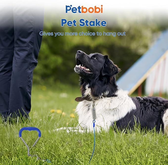 Petbobi Dog Tie Out Stake - 16″ Heavy Duty Dog Anchor for Yard Camping, 9mm Solid Steel, Soft Grip Handle Spiral Stake with No Tangle Connect Ring for Small to Large Pets Up to 120lbs, Blue/1pc