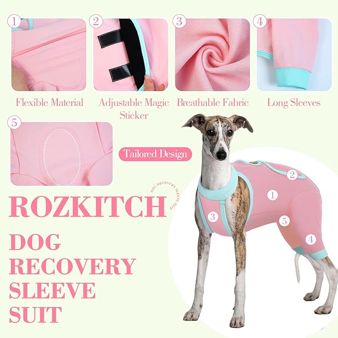 ROZKITCH Dog Surgery Leg Sleeve Rear Legs, Male Female Pet Prevent Licking Wound Elbow Knee Protector, Dog Recovery Suit Cone Collar Alternative Pants Shirt for Wound Heal Wrap Pink XL