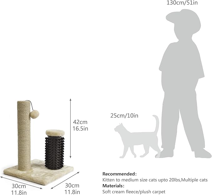 Amazon Basics Cat Scratcher - Indoor Classic Single Cat & Kittens Scratching Post with Brush, Small (16.5" H) - Beige