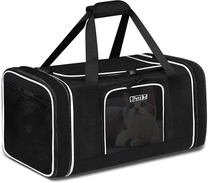Petskd Length-Expandable Pet Carrier 17x11x9.5 Inches Alaska Airline Approved, Soft Pet Travel Carrier for Small Cats Dogs with Zipper Locks and Anti-Scratch Mesh(Black)