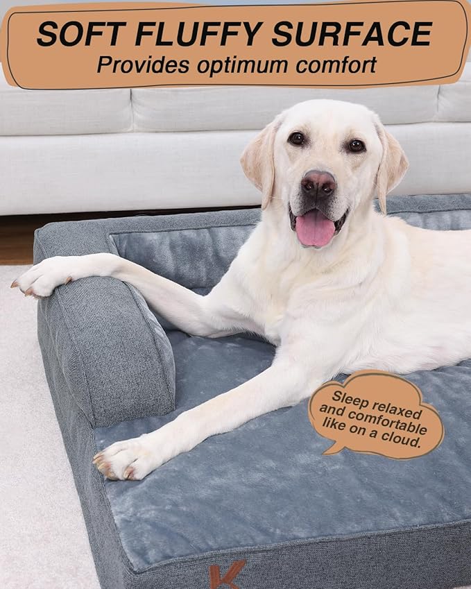 KSIIA Orthopedic Dog Bed for Extra Large Dog,Washable Pet Sofa with U-Shaped Bolster Removable Waterproof Cover Non-Slip Bottom and Egg-Crate Orthopedic Foam Pet Couch Bed, 53 x 36 Inch, Dark Gray