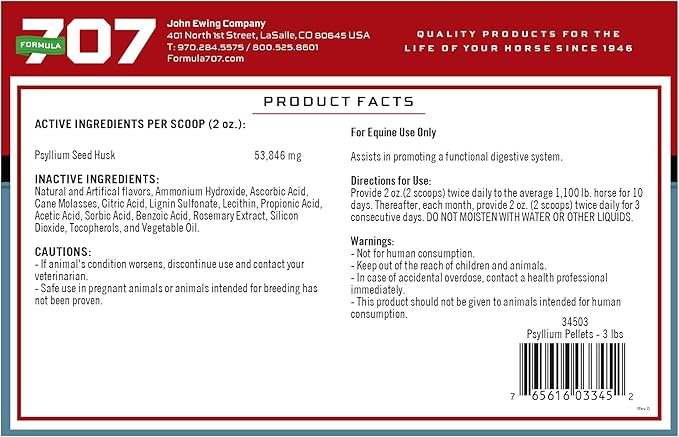 Formula 707 Psyllium Pellets Equine Supplement (3lb Jar - 12 Day Supply)