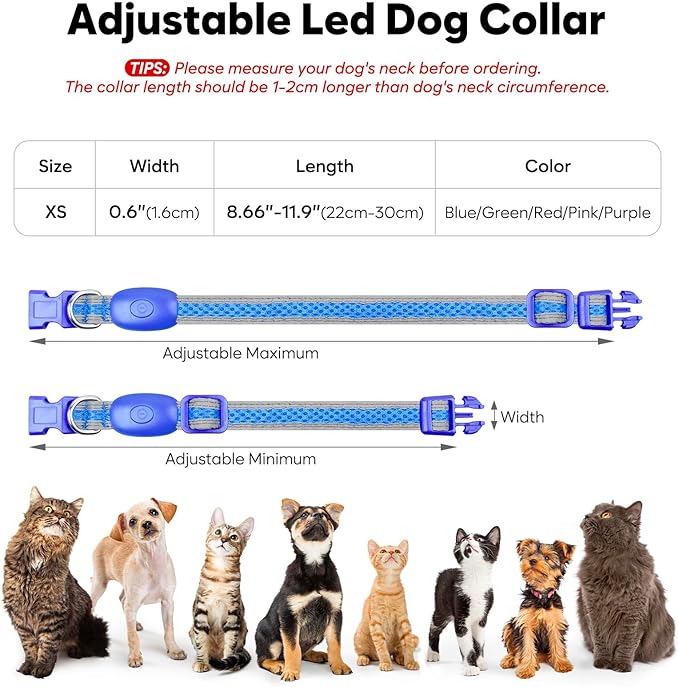 Flashseen LED Cat Collar,Light Up Dog Collar Rechargeable, Dog Lights for Night Walking, Comfortable Soft Mesh Pet Collar Adjustable for Cats Puppy and Small Dogs(Blue, XS)
