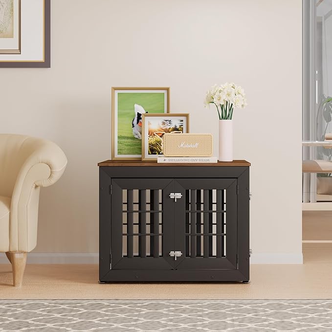 32" Heavy Duty Dog Crate Furniture for Small,Medium and Large Dogs,Rustic Wooden Dog Cage Kennel Indoor Furniture with Waterproof Top,Decorative Pet House Side End Table (Black & Wood)