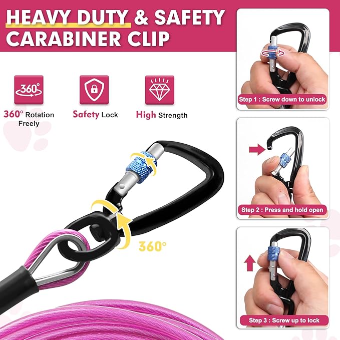 Snagle Paw Heavy Duty Tie Out Cable for Yard - 50FT-1000LBS Break Strength, Swivel Lockable Hook & Spring, Chew Proof Dog Chain for Outside Dog Run