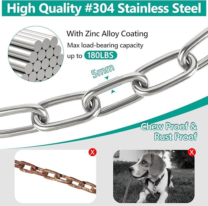 Tresbro Heavy Duty Dog Chains for Outside, 6FT Stainless Steel Tie Out Cable with Swivel Hook for Large Dogs, Metal Chew Proof Pet Runner Chain Leash Lead for Outdoor Camping Hiking Yard, 5MM