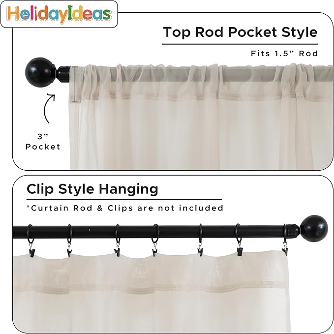HolidayIdeas All Weather Outdoor Sheer Patio Curtains 6 Pcs Rod Pocket Voile Sheer Outdoor Curtains for Porch, Balcony, Gazebo, Pergolas,Cabana,Beige,54x108 Inch