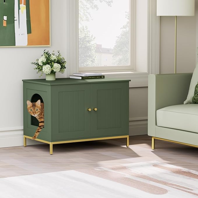 Homhedy Cat Litter Box Enclosure, Cat Washroom Furniture with Metal Frame, Pet House, Fit Most of Litter Box, Modern Style, Green and Gold