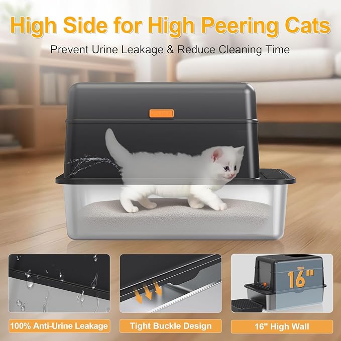 Enclosed Stainless Steel Litter Box with Lid, 20L Metal Enclosed Litter Box for Big Cat, Flip-Top Design with Anti-Leakage High Sides, Cat Lovers Gifts(Black)