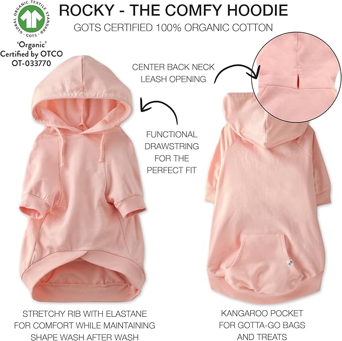 Rocky – The Orginal Lightweight Hooded TEE 100% Organic Cotton Dog Hoodie Pet Coat Sweater for Small, Medium, Large Dogs, Pink, Medium