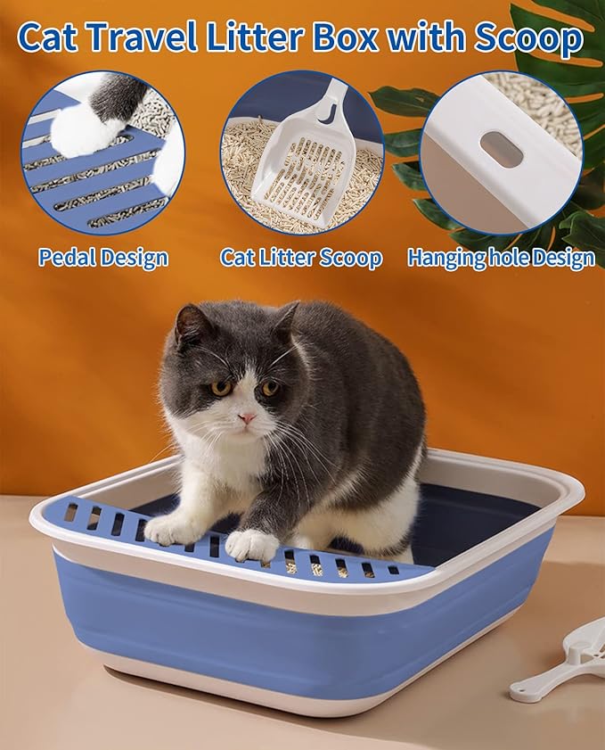 BNOSDM Senior Cat Litter Box Low Entry Kittens Travel Litter Box with Scoop Open Collapsible Shallow Cats Potty Pan Foldable Pet Toilet for Sick Disabled Older Elderly Cats Blue