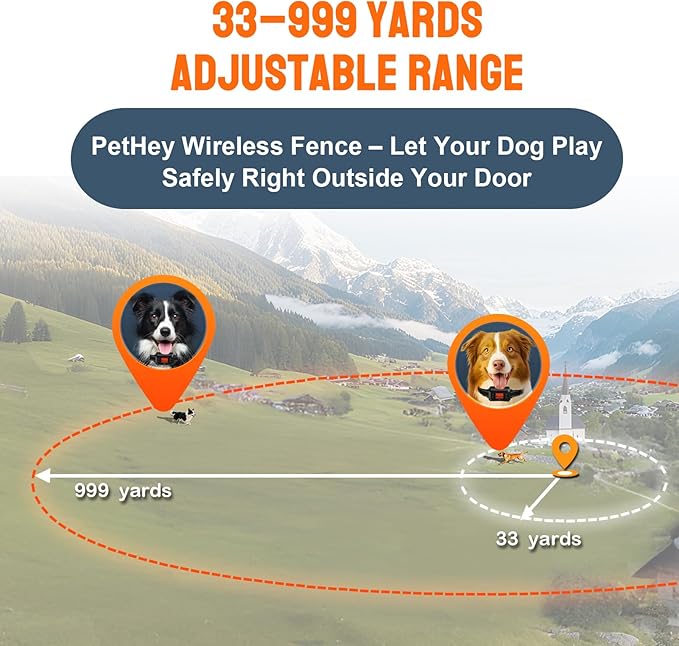 GPS Wireless Dog Fence. IPX7 Waterproof Dog Training Collar. 33-999yard Adjustable Range. Vibration and Electric Shock Collar for Dogs.Dog Fence Outdoor for Yard & Indoor Use