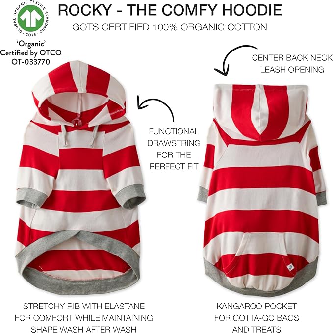 Rocky – The Orginal Lightweight Hooded TEE 100% Organic Cotton Dog Hoodie Pet Coat Sweater for Small, Medium, Large Dogs, Red Bold Stripe, X-Small