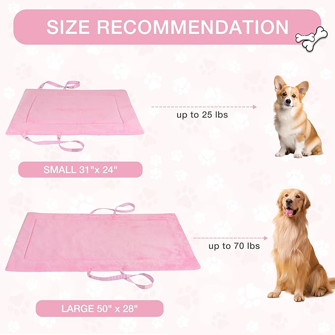 Kritter Planet Waterproof Foldable Dog Bed Pad for Camping & Travel, Portable Roll-Up Dog Bed Car Seat Pet Cushion Mat with Handles for Small & Medium Dogs, Indoor & Outdoor Use, Pink